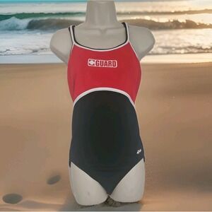 Dolphin Lifeguard One Piece Swimsuit Red  Black Colorblock Beach Lake Women's 40